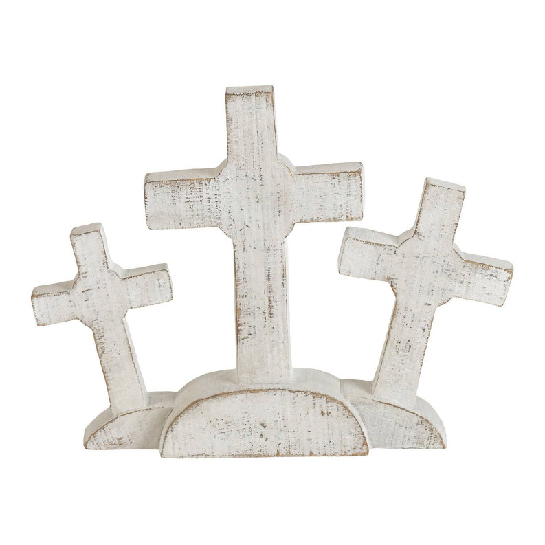 Set of three whitewashed tabletop crosses on a curved base