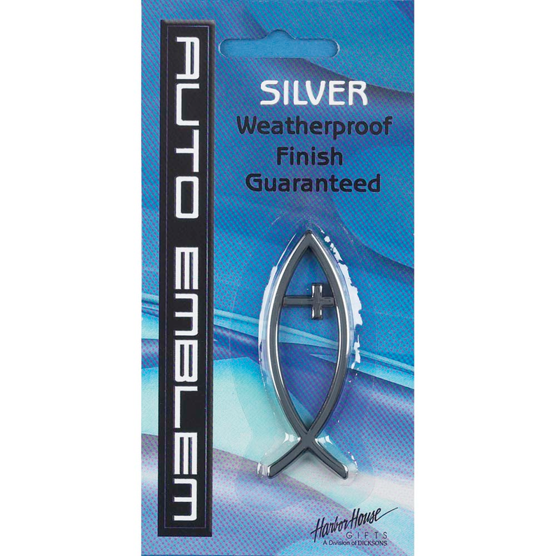 Silver cross fish auto emblem with chrome finish cross design