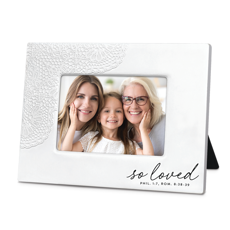 White lace-textured photo frame with window, featuring three smiling people