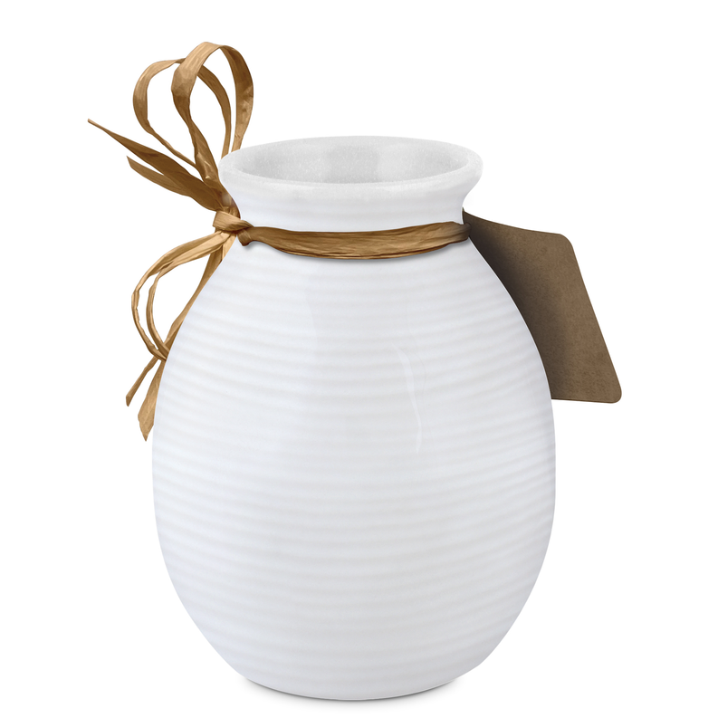 Textured ceramic vase with white finish and twine bow, round shape