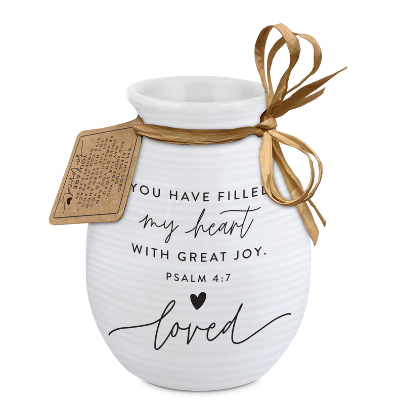 White textured ceramic vase with "Loved" quote and brown bow ribbon