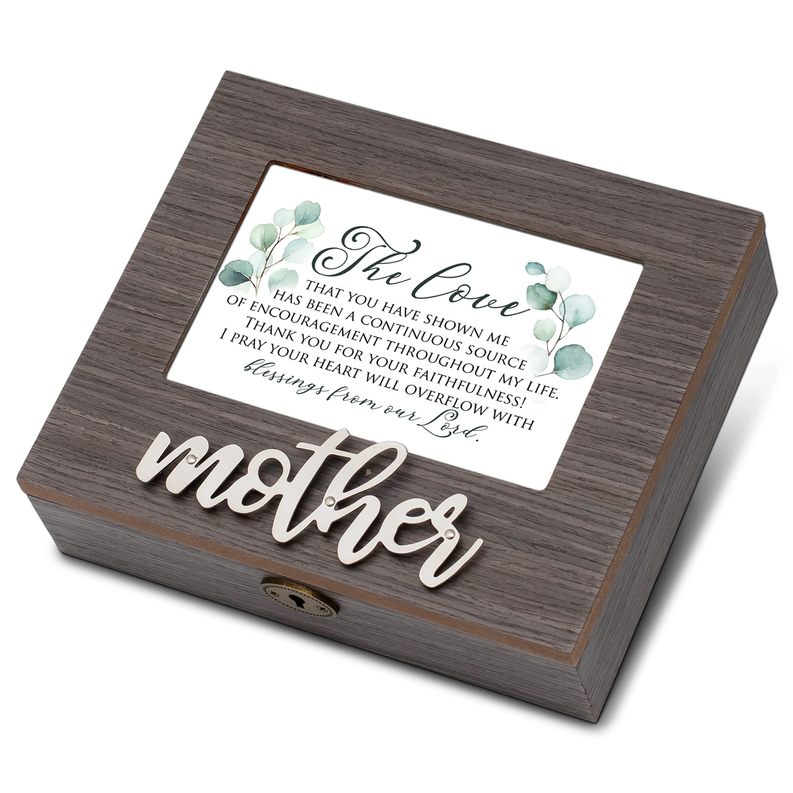 Wooden music box with floral message card and “mother” script, gray finish.