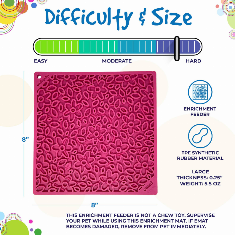 Pink flower-pattern rubber lick mat shown with a difficulty and size chart