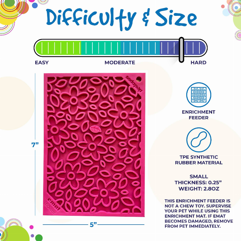 Pink flower-pattern rubber lick mat shown with size measurements and info icons