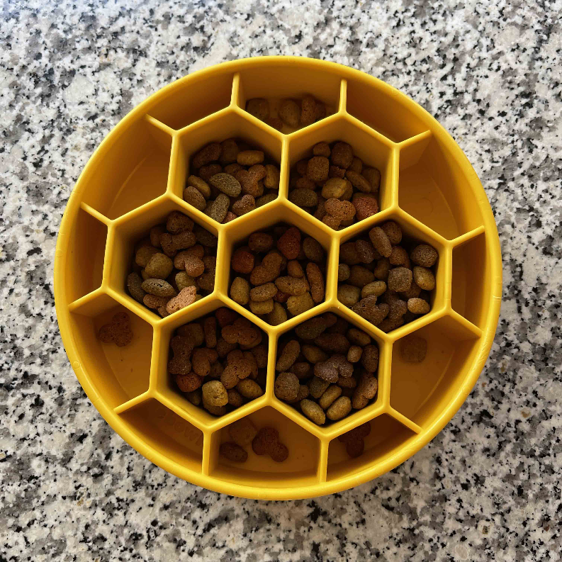 Yellow honeycomb slow feeder bowl with raised hex compartments for dry dog food