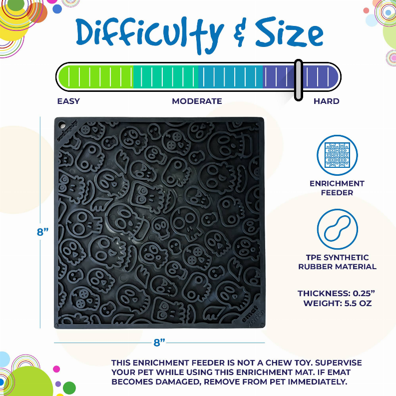 Black enrichment feeder lick mat showing 8-inch size and raised zombie pattern
