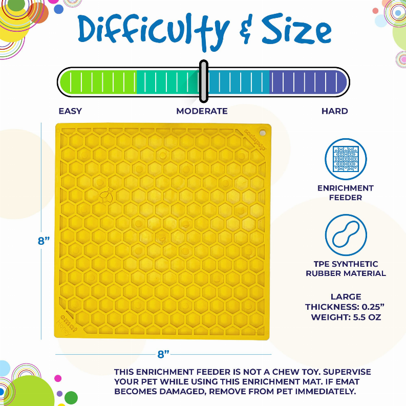 Yellow honeycomb lick mat diagram with 8 in size and difficulty scale