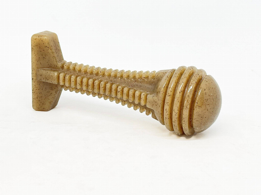Brown nylon dental chew tower toy shaped like a bone with ridged handle