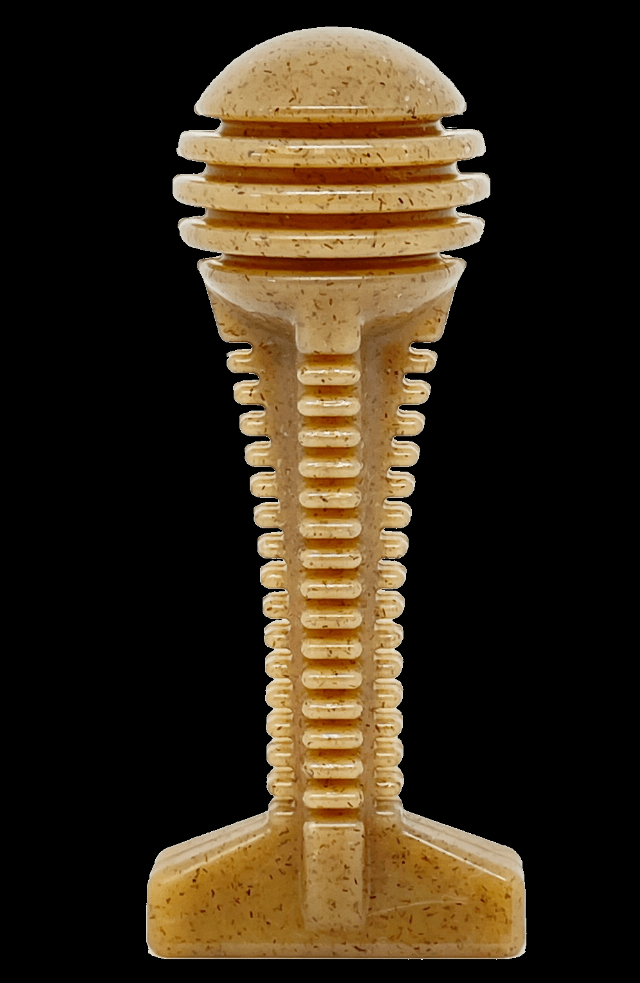 Brown nylon dental chew tower bone with stacked ridges and flat base