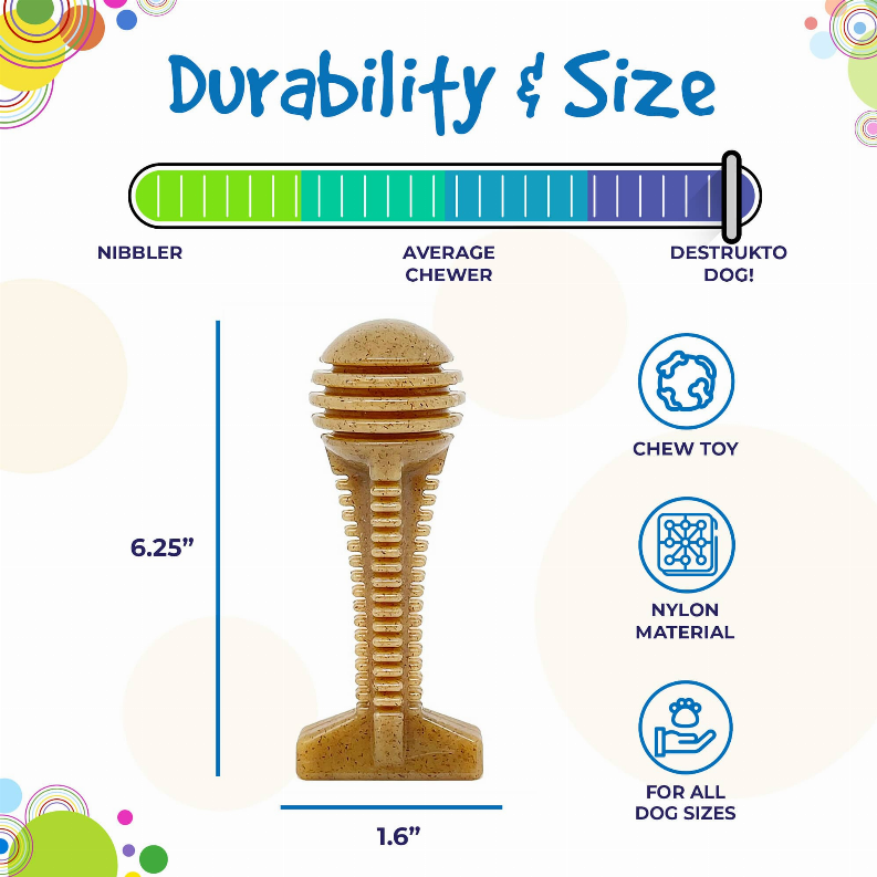 Brown nylon dental chew tower toy with stacked ribbed head and round base