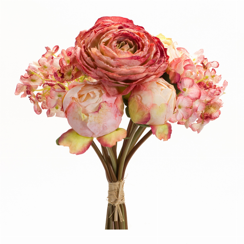 Pink peony and hydrangea bouquet with assorted faux blooms, tied stems with twine
