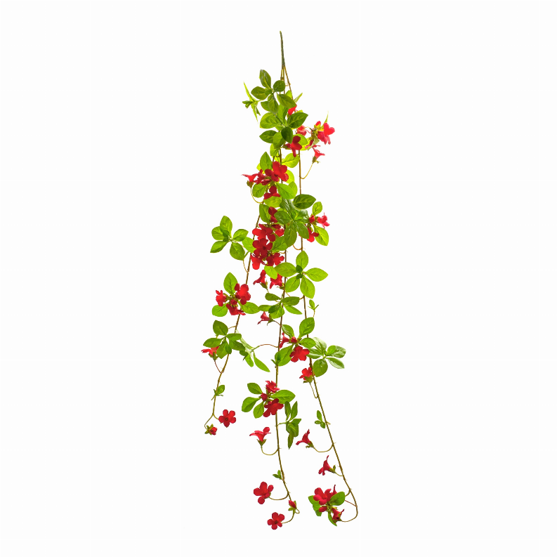 Artificial floral vine with red blossoms and green leaves on thin stem