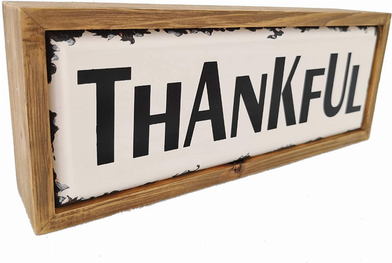 Tabletop wood block sign with 'THANKFUL' black lettering on white insert, rustic trim