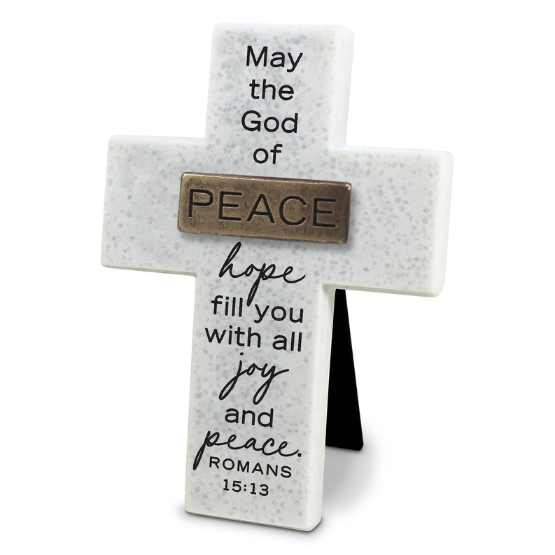 Speckled white tabletop cross with copper PEACE plaque and scripture text