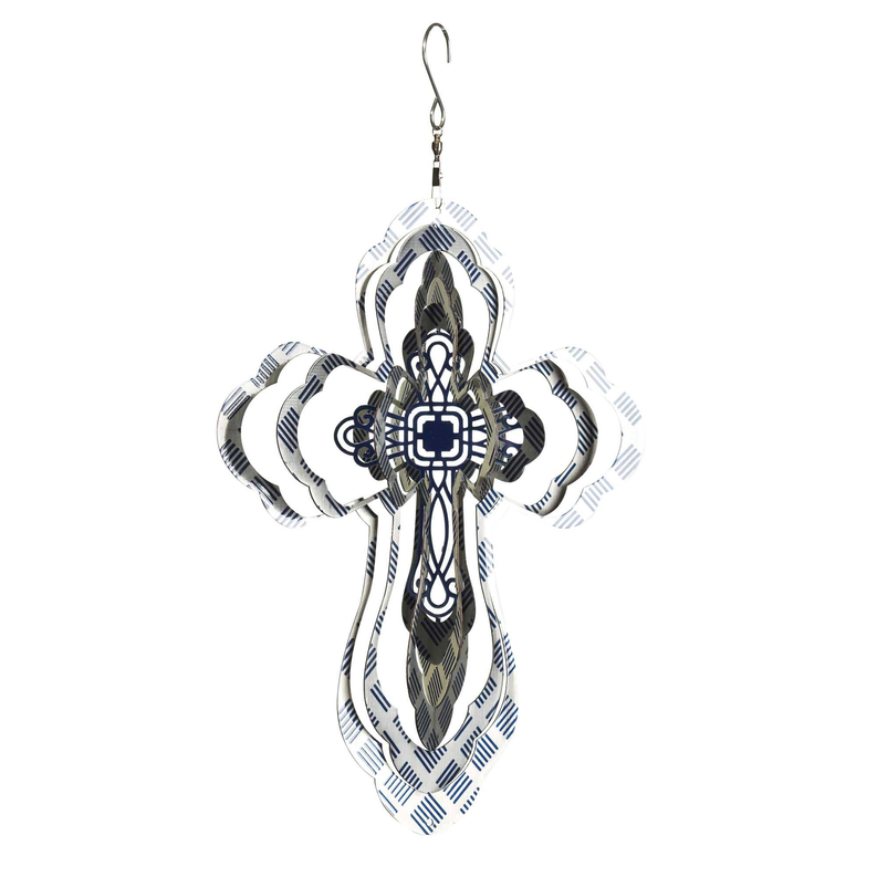 Cross-shaped metal wind spinner in blue and white plaid with hanging hook
