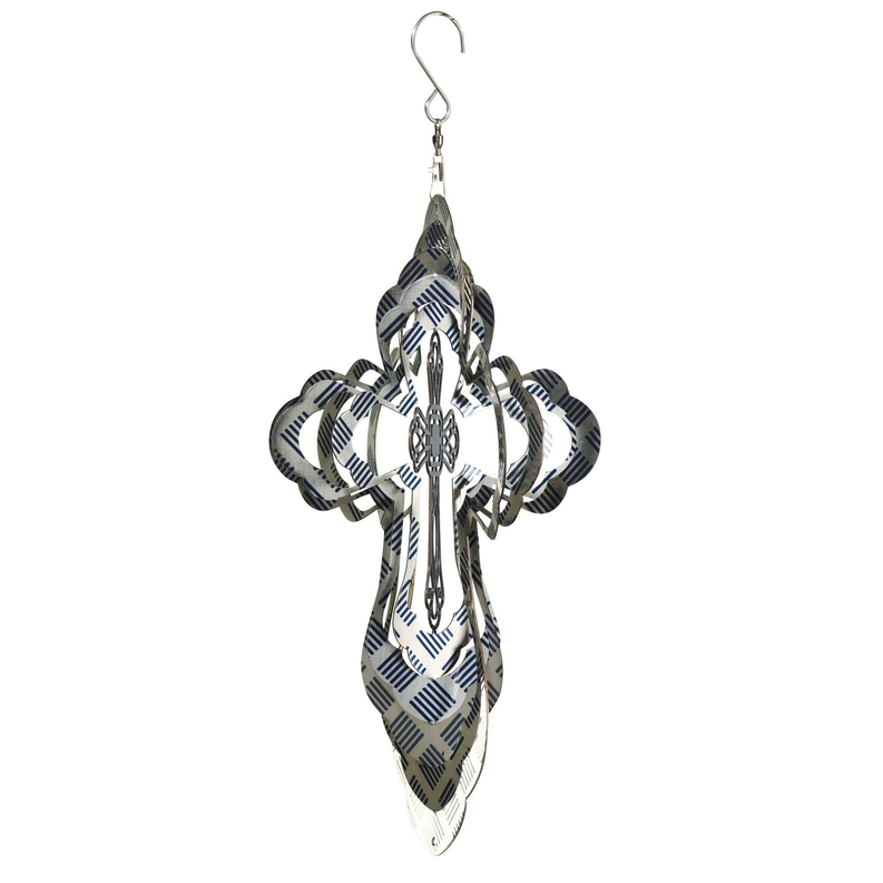 Cross-shaped hanging wind spinner with layered blue-and-white plaid metal blades