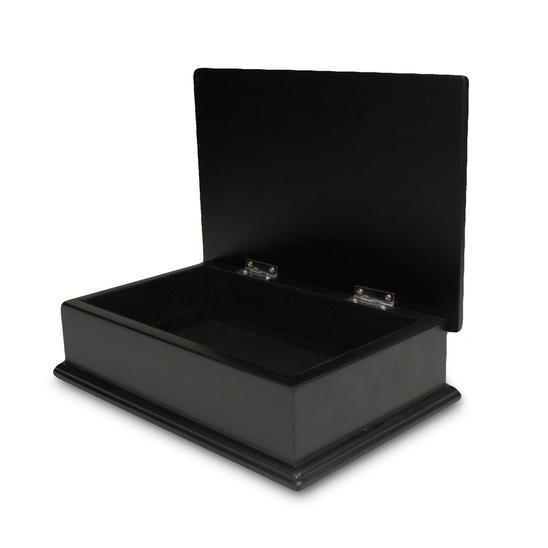 Black open keepsake box with satin-lined interior and metal clasp