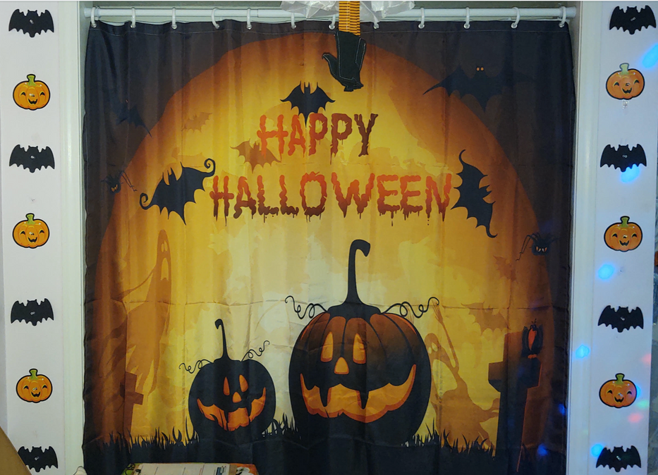 Large Halloween backdrop with pumpkin and bat foam cut-outs