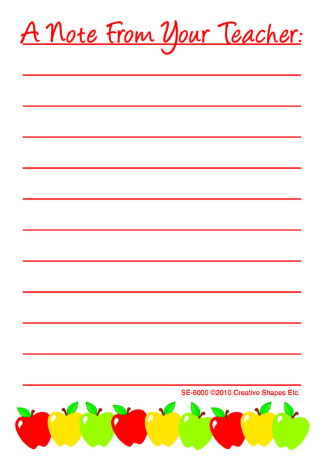 Notes pad with “A Note from Your Teacher” heading and apple-and-leaf strip at bottom