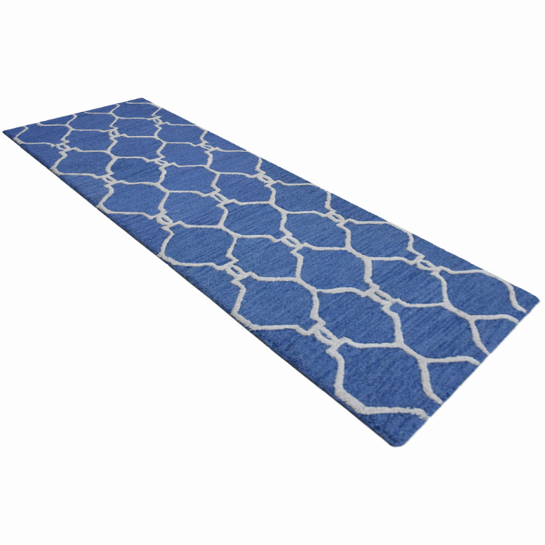 Blue geometric wool runner rug with white linked trellis pattern.