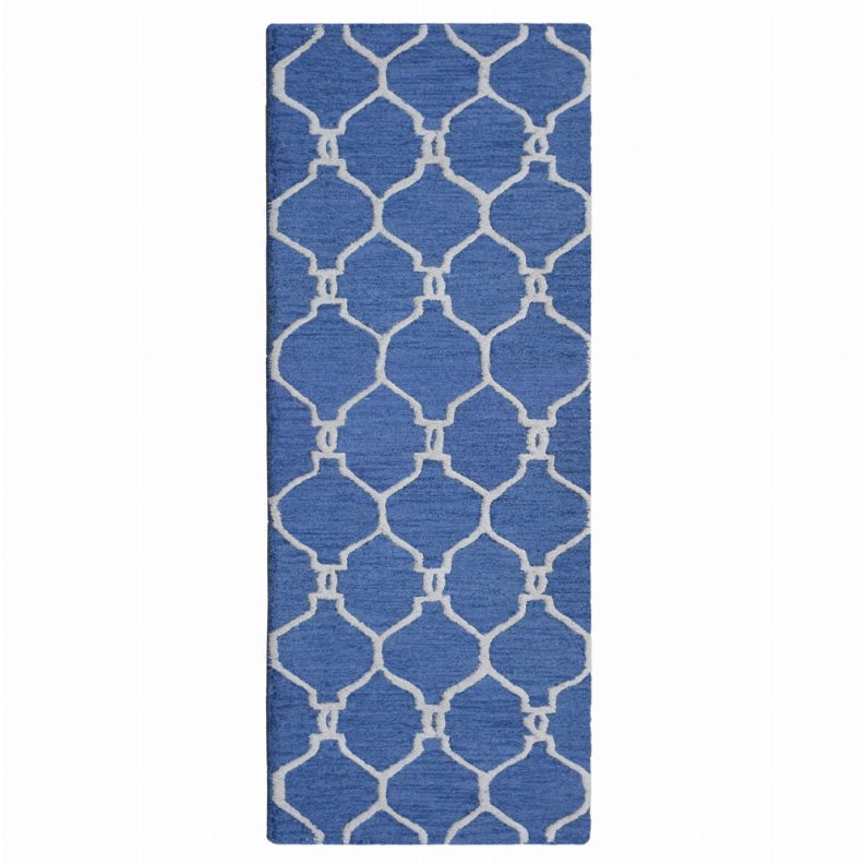 Blue geometric wool runner rug with repeating white trellis quatrefoil pattern.