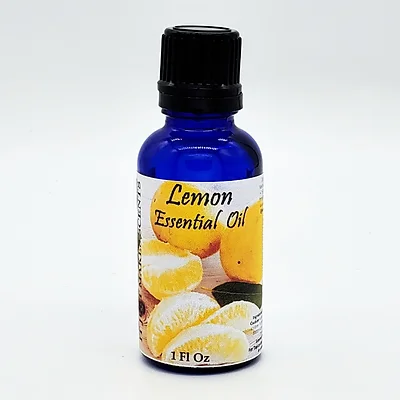 Lemon essential oil bottle with dark cap, blue glass, 1 fl oz label
