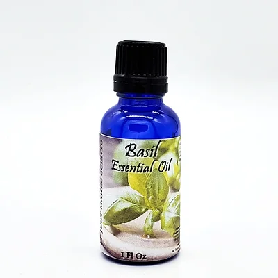 Basil essential oil bottle with blue label and black cap, 1 fl oz