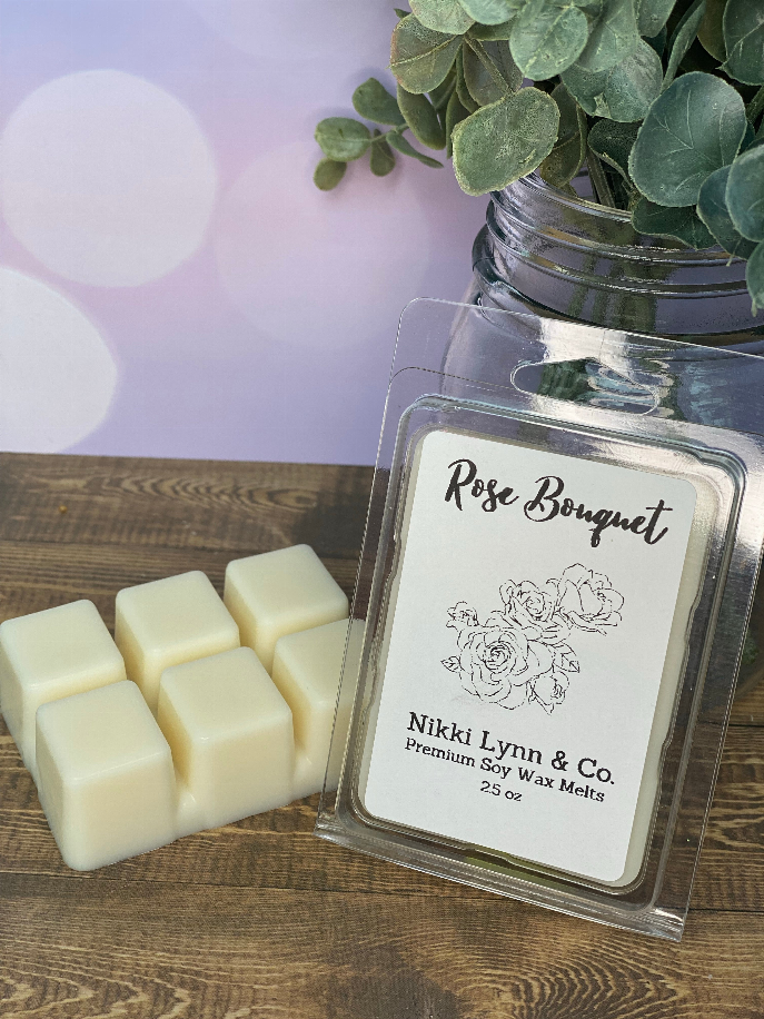 Rose Bouquet wax melt cubes with Nikki Lynn & Co label in clear clamshell