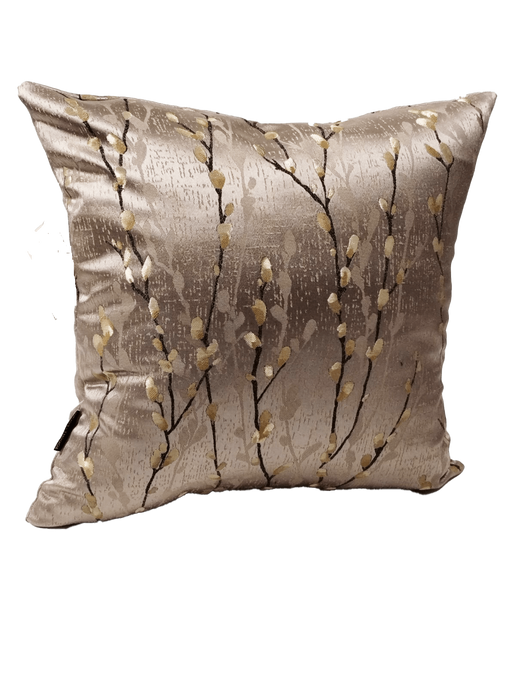 Beige taupe throw pillow cover with brass-gold branch pattern and soft fabric texture.