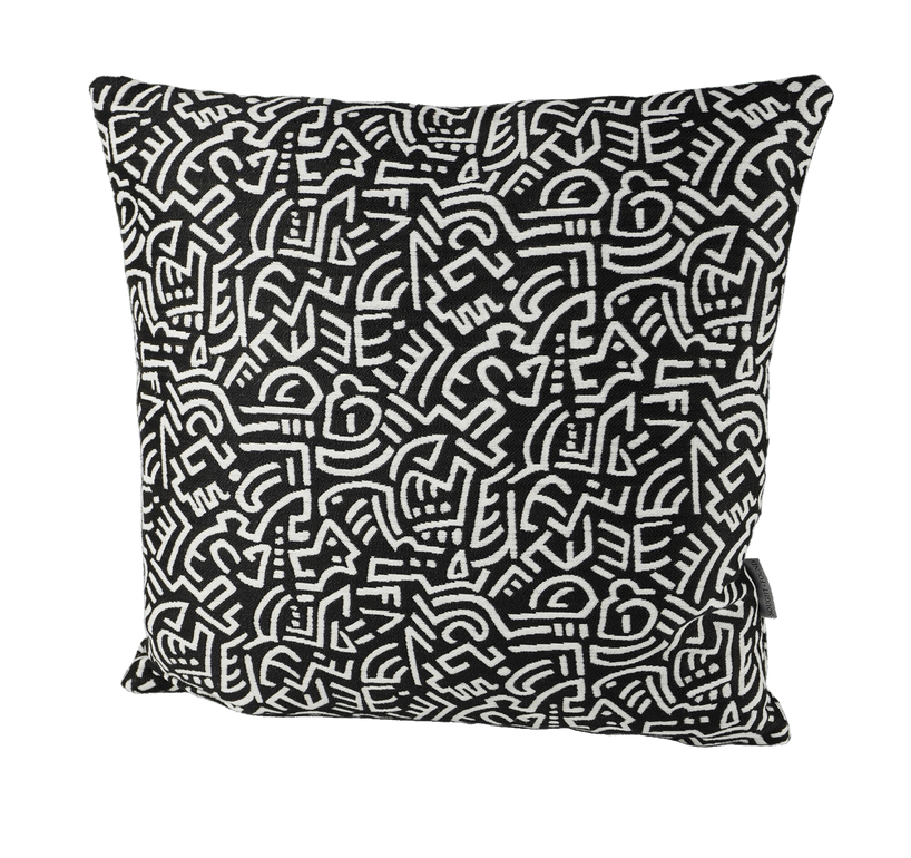 Pop Energy throw pillow with dark cover and white abstract line maze pattern