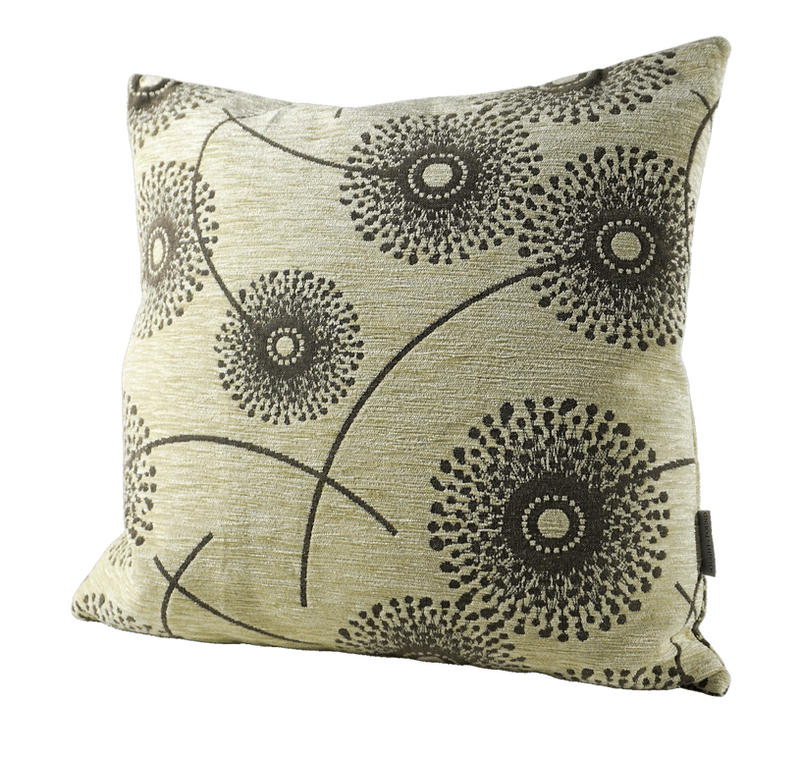 Cream throw pillow with black dotted floral rosette and curved line embroidery.