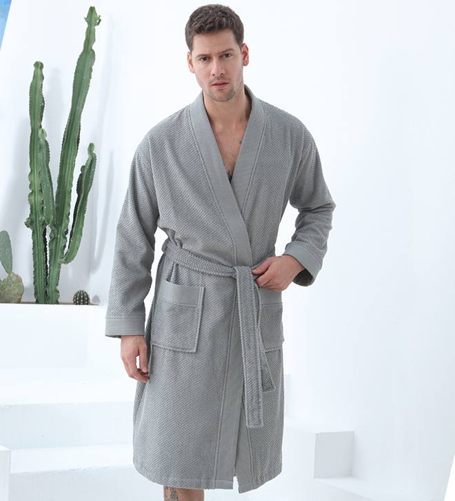 Turkish cotton terry kimono bathrobe, gray, front view with wrap belt tie and patch pockets