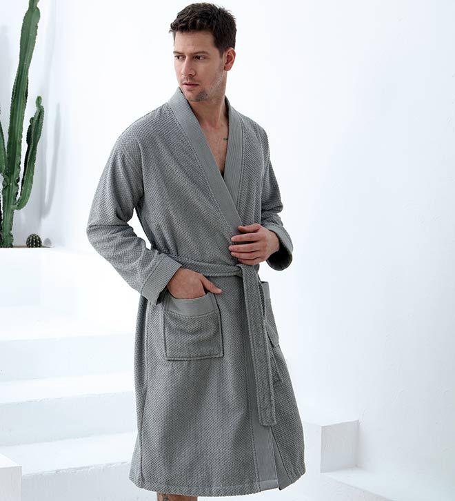 Turkish cotton terry kimono bathrobe, gray, angled front view with wrap belt tie and pocket