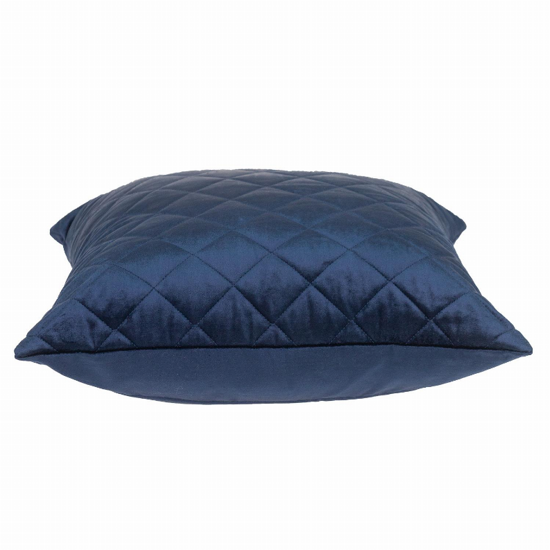 Navy quilted throw pillow with diamond stitching and smooth back edge.
