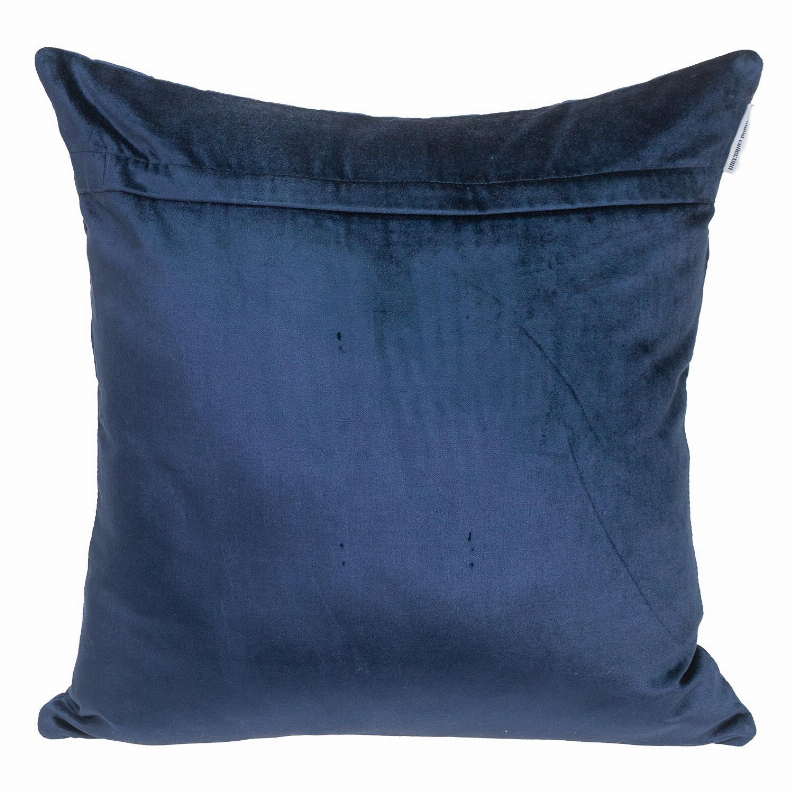 Navy quilted throw pillow back with subtle wrinkles and folded corner detail.