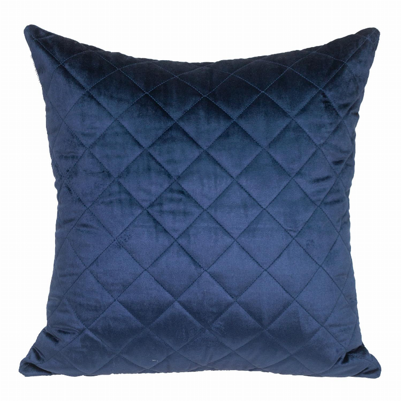 Navy quilted throw pillow with raised diamond pattern and tailored edges.