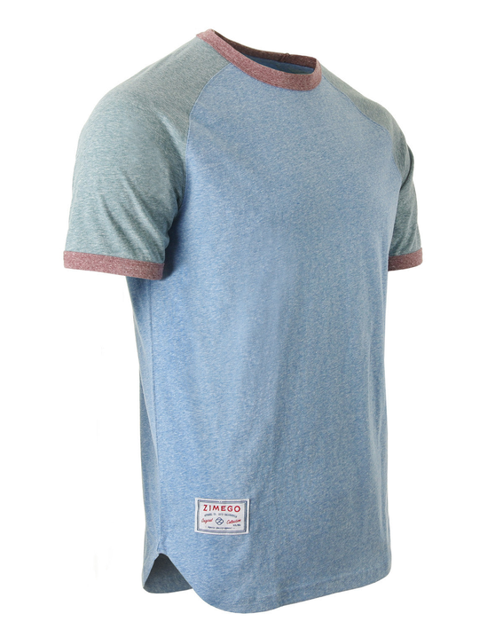 Light blue raglan ringer T-shirt with contrast sleeves and pink crewneck trim