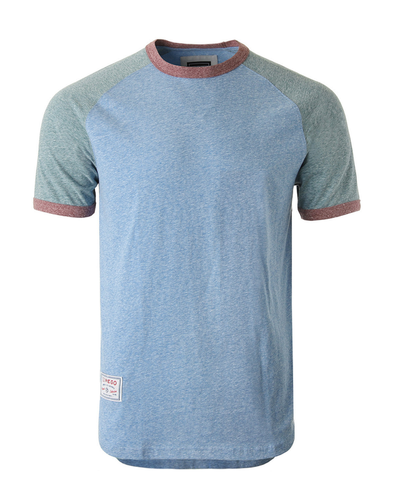 Light blue raglan ringer T-shirt with contrast sleeves and pink crewneck trim