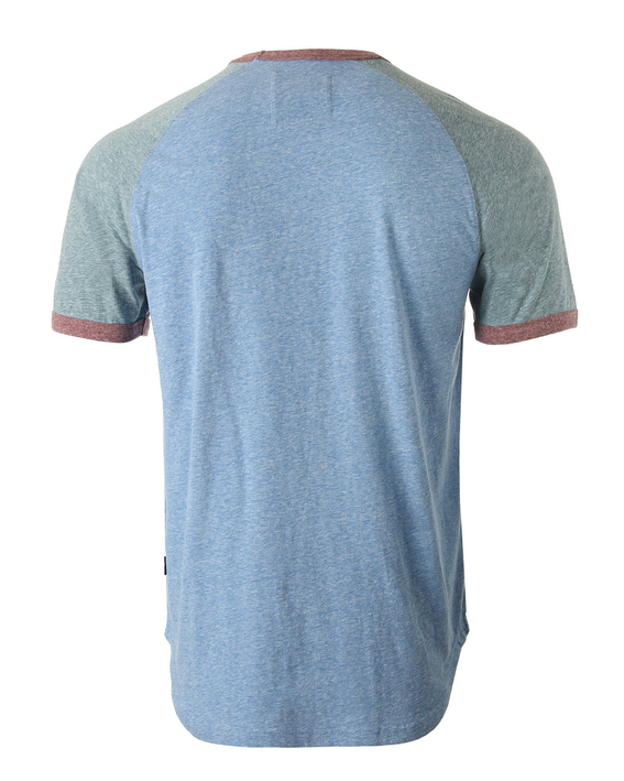 Back view of light blue raglan ringer T-shirt with pink trim and contrast sleeves
