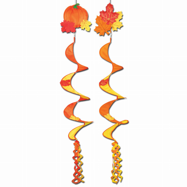 Thanksgiving fall pumpkin wind spinner: two orange maple-leaf swirls with hanging spiral tails