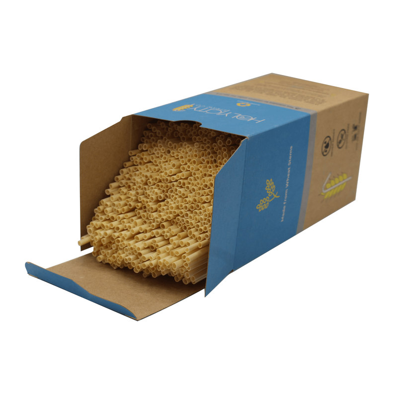 Open carton of tall wheat stem drinking straws, light tan.