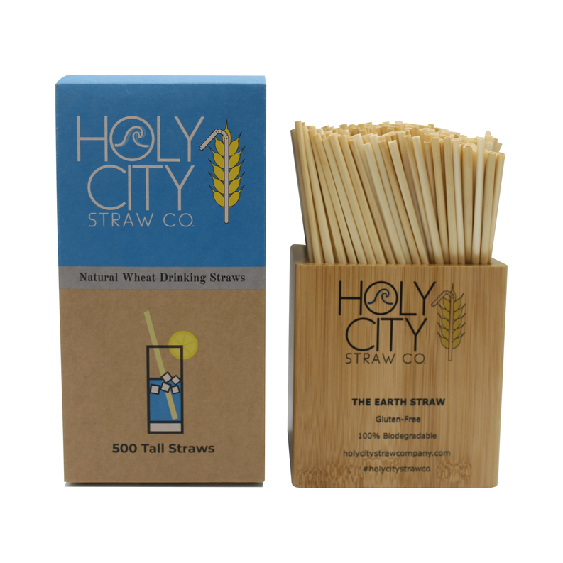 HOLY CITY STRAW CO tall wheat drinking straws in box and holder, light tan.