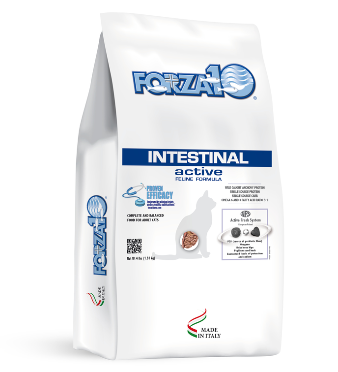 FORZA10 Intestinal active dry cat food bag, white with blue label and logo