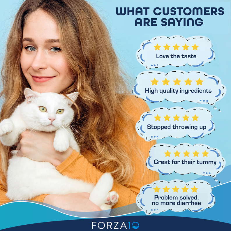 Woman holding a white-and-orange cat with star rating review bubbles