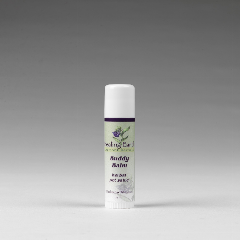 Buddy Balm stick in white bottle with purple label, herbal pet salve