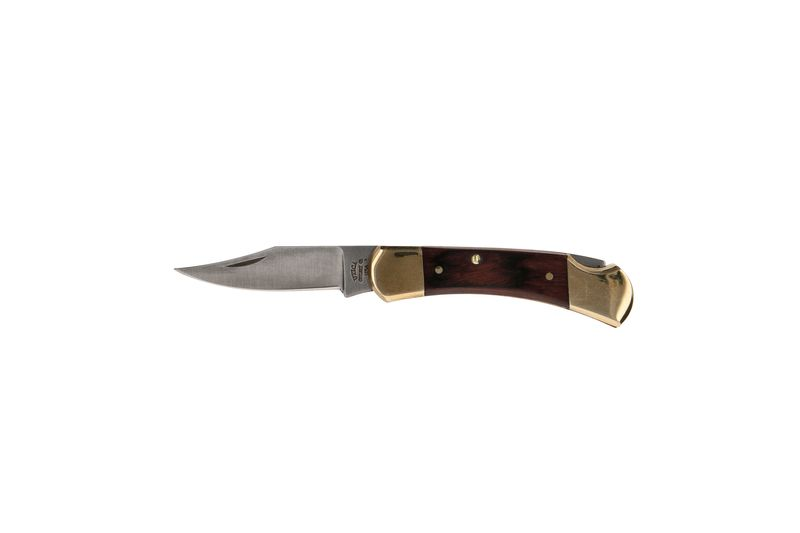 Knife with stainless blade and brown wooden handle with brass rivets