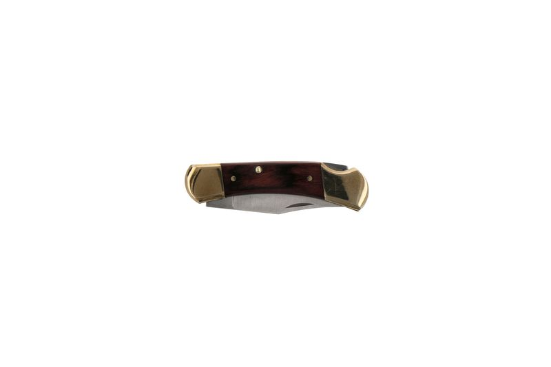 Knife with brown wooden handle and brass accents, blade retracted