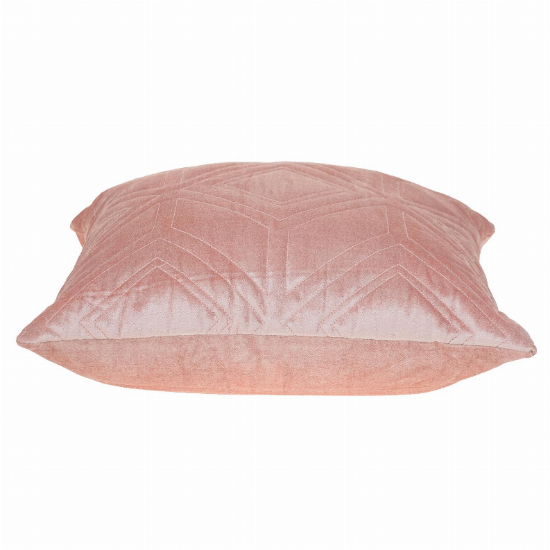 Pink quilted throw pillow showing side view with stitched chevron pattern