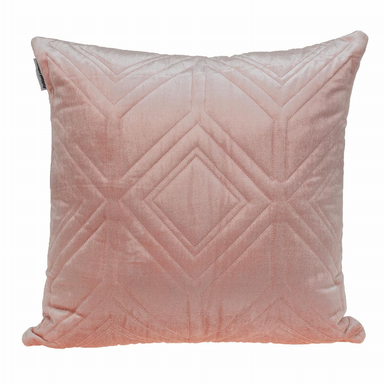 Pink quilted throw pillow with diamond and chevron stitched pattern on front