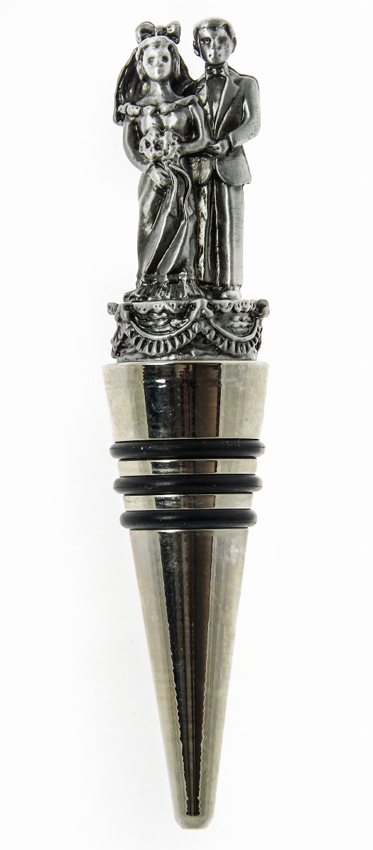 Pewter wine stopper with bride and groom figurines; 4-inch bottle seal